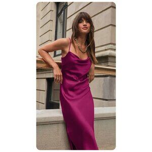 Express Satin Cowl Neck Spaghetti Strap Magenta Berry Midi Dress sz L
